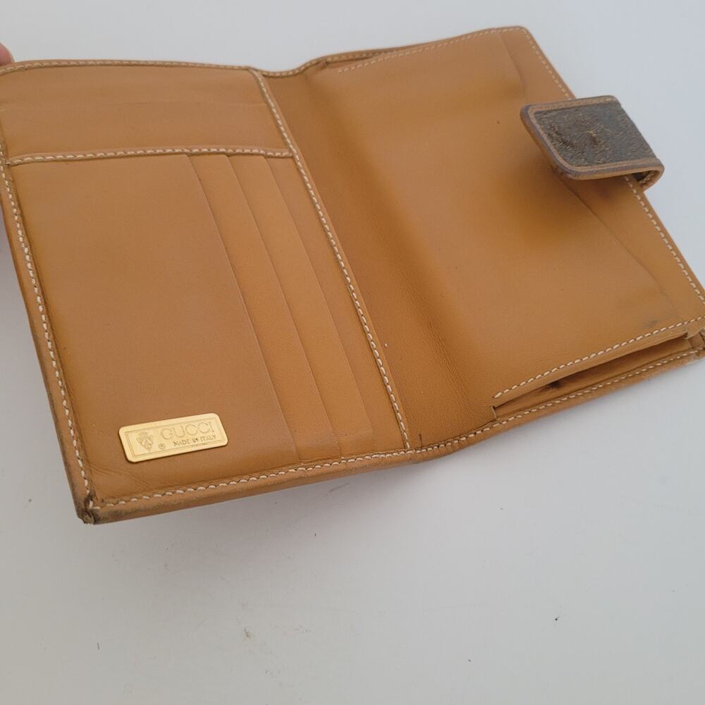 GUCCI Vintage GG Wallet Medium Bifold Brown Coin Bill Purse Kisslock Leather - Picture 3 of 13